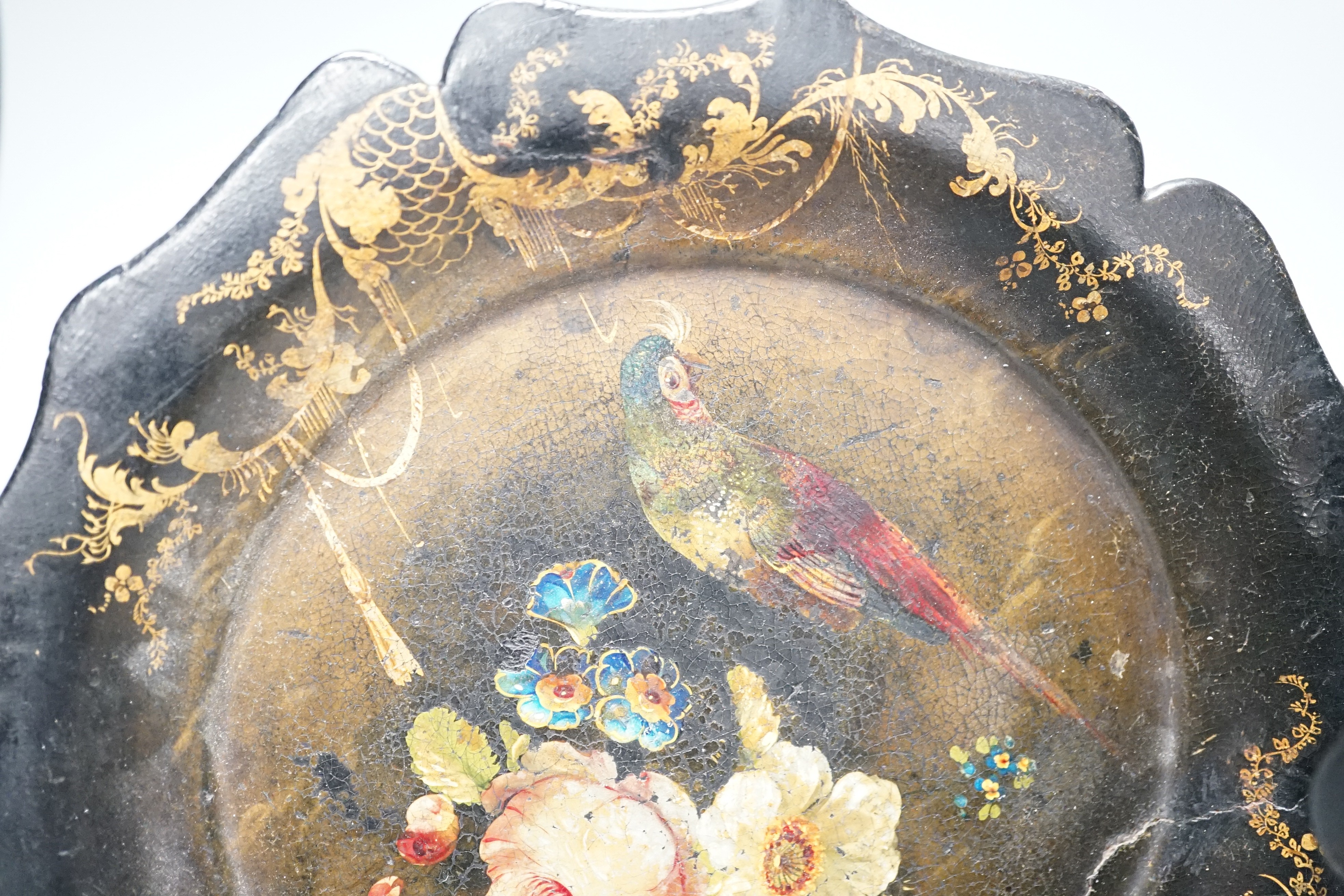 A Victorian papier mache stationary rack and a dish. 24cm